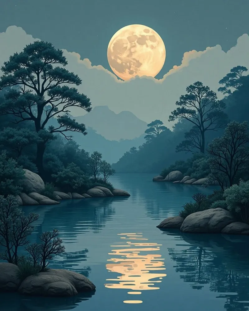 Pleine lune lumineuse se reflétant sur des eaux tranquilles hahnemühle de Artistic-shop