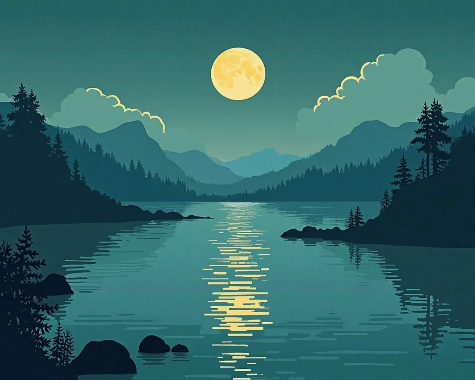 Una notte tranquilla sul lago riflessivo e sui pini che sussurrano poster da Artistic-shop