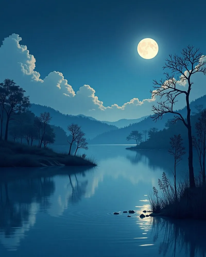 Un tranquillo paesaggio notturno con un riflesso luminoso della luna piena pellicola backlit da Artistic-shop