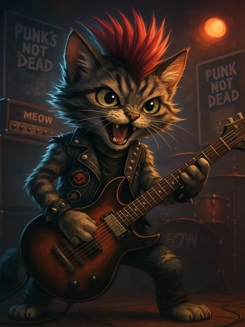 Il gatto punk moicano fa a pezzi la chitarra pellicola backlit da flufftee
