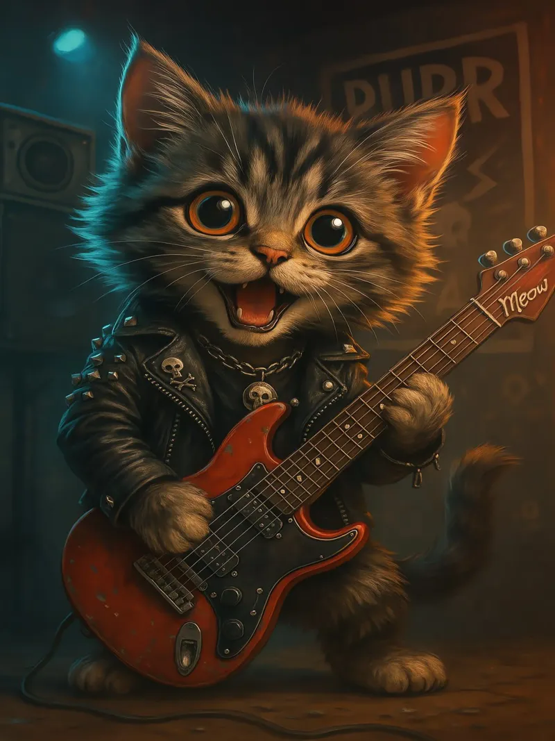 Un gattino punk rock fa a pezzi una chitarra rossa pellicola backlit da flufftee