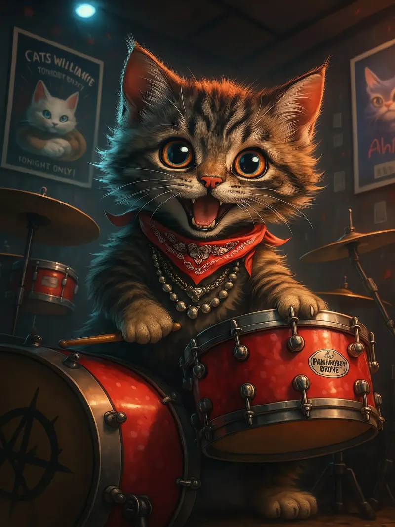 Punk Kitten Drummer Rocks Red Drum Kit hahnemühle by flufftee