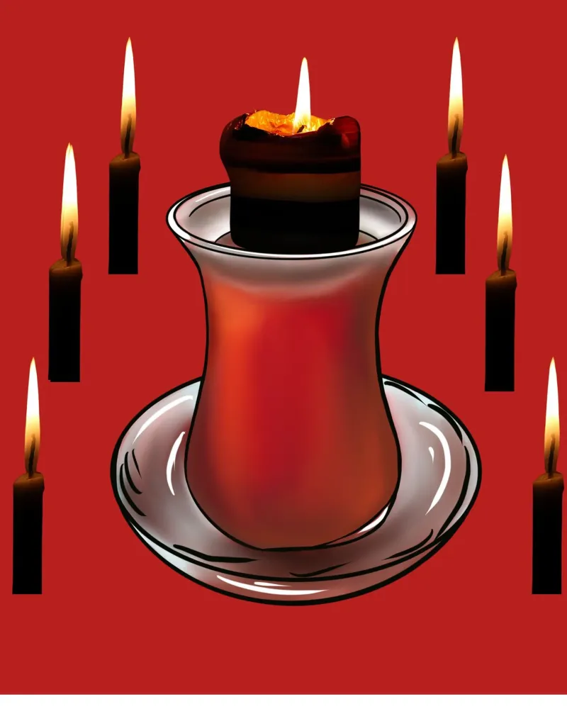 Murale rosso con bicchiere da tè e candele accese - suggestivo pellicola backlit da StrindesignStudio
