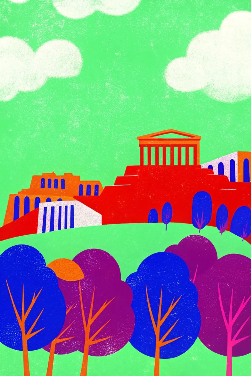 disegno della città di atene per gli amanti dei viaggi poster con telaio in legno da sichanhan
