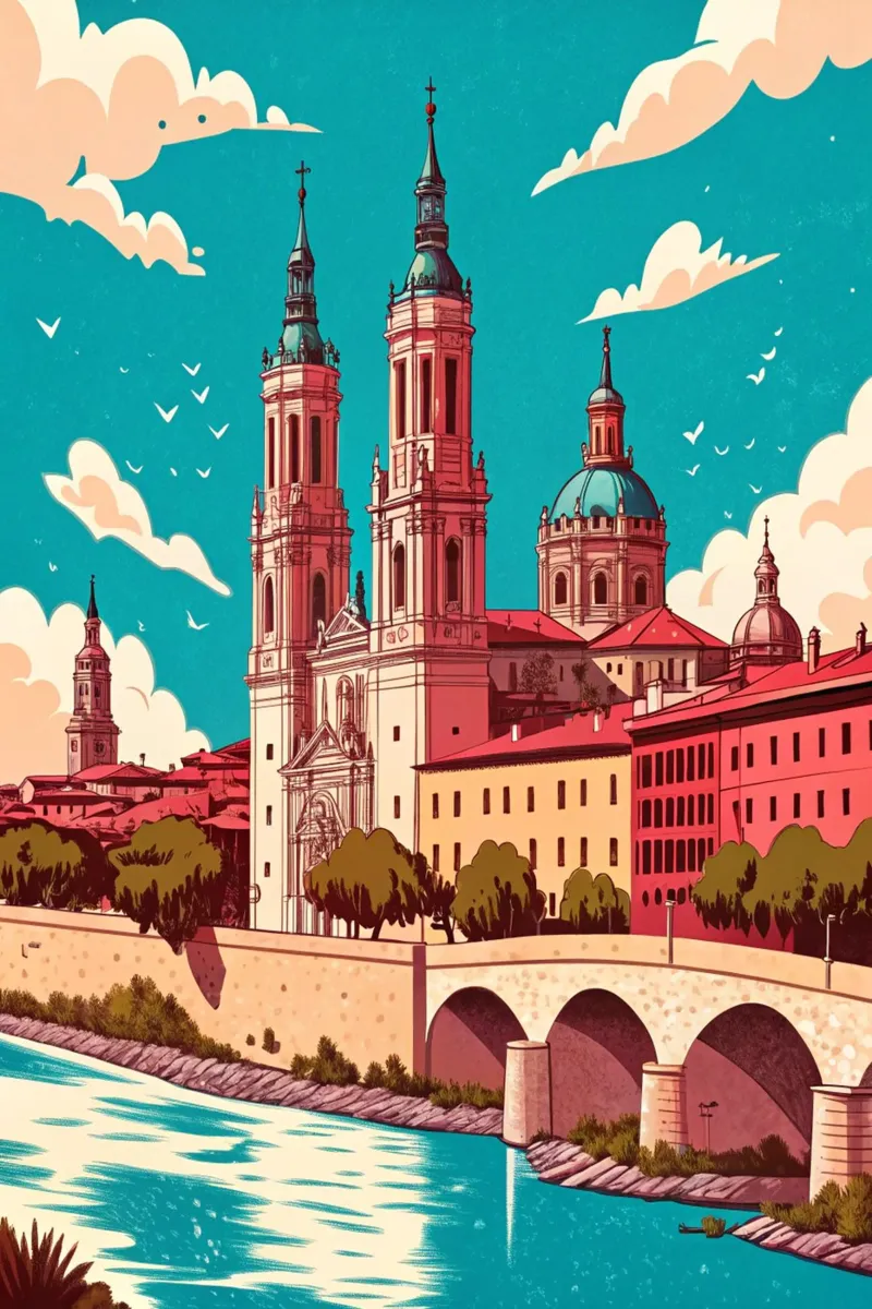 disegno della città di Saragozza per gli amanti dei viaggi poster con telaio in legno da sichanhan