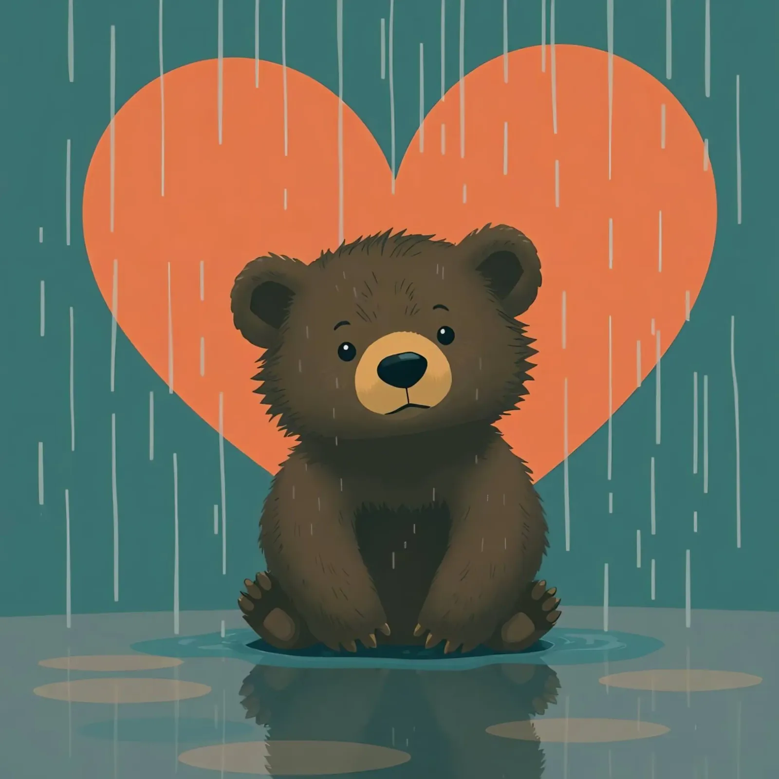 Simpatico orso seduto sotto la pioggia sotto un grande cuore a forma di pellicola backlit da DesignDoodle