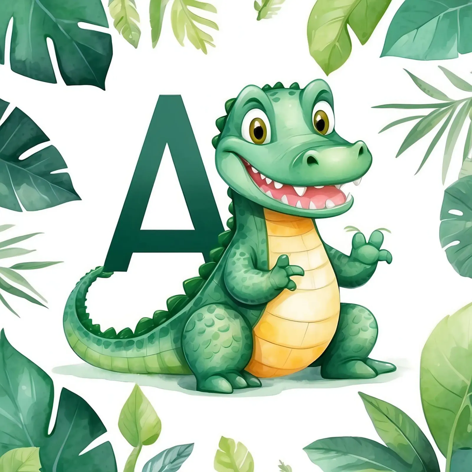 Fun alligator character showcases letter A in a nature-theme canvas by DesignDoodle
