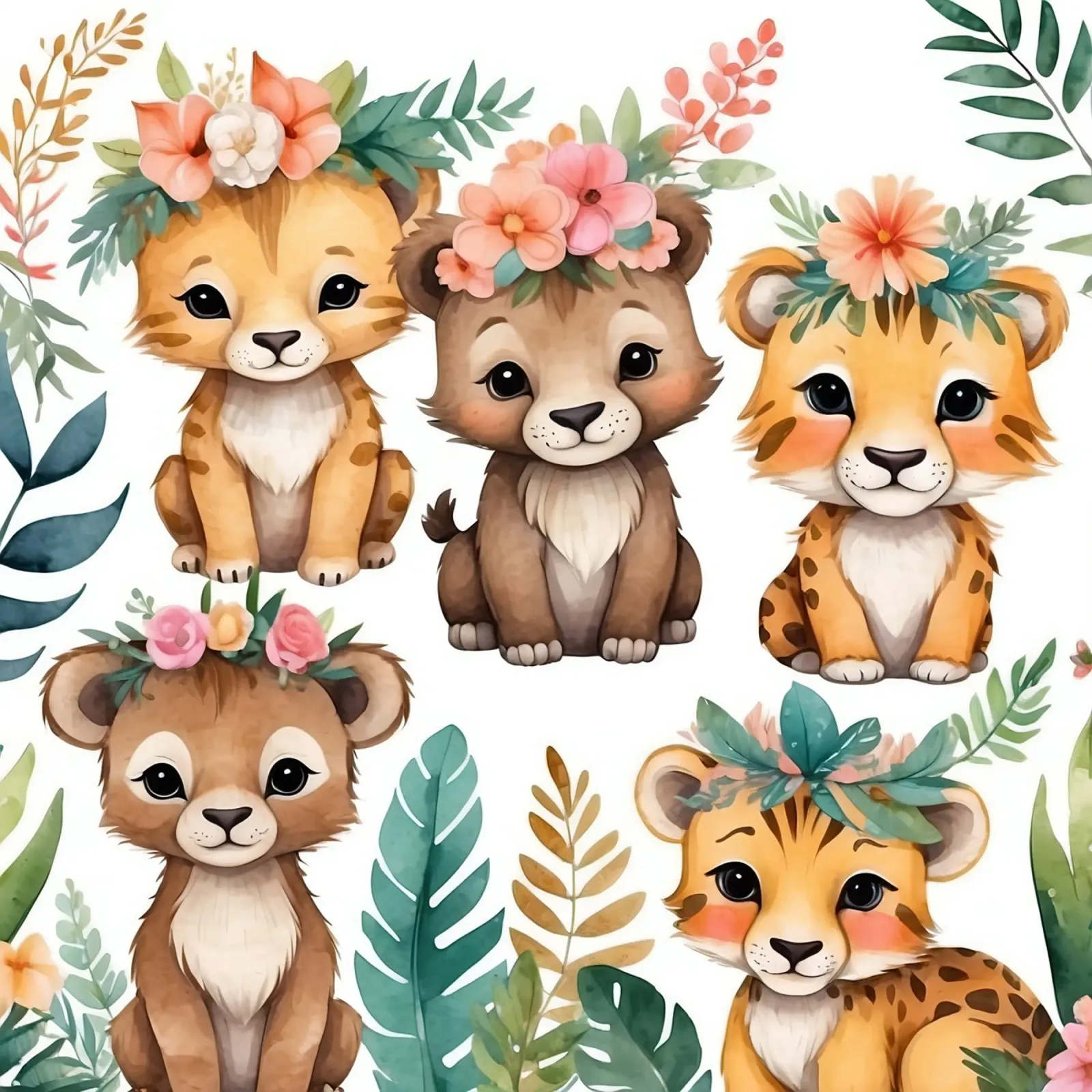Schattige dierenillustratie met leeuwen en tijgers versierd canvas van DesignDoodle