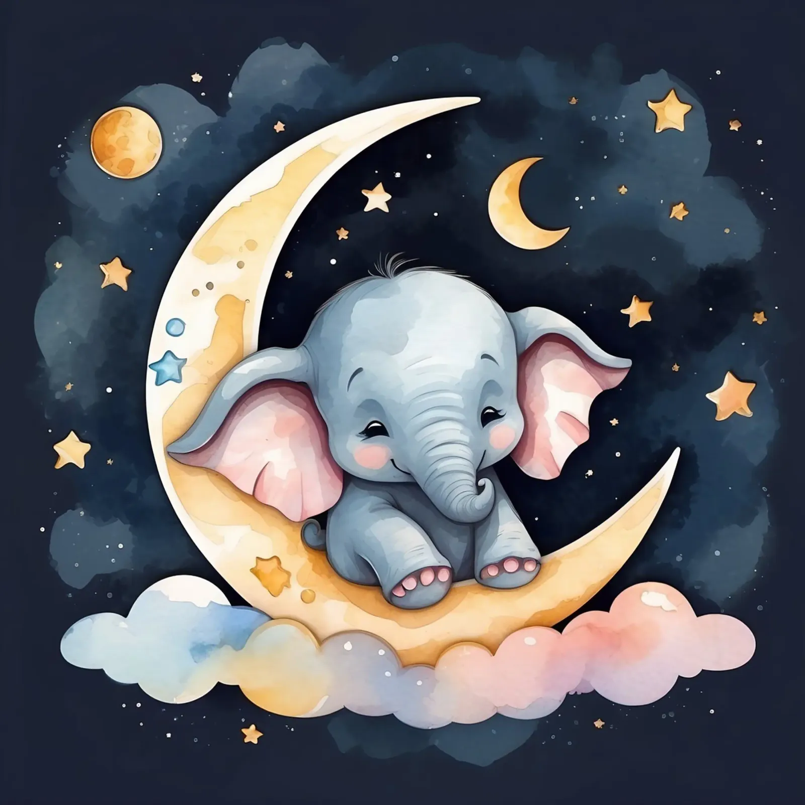 Mignon bébé éléphant se reposant sur un croissant de lune poster avec cadre en aluminium de DesignDoodle