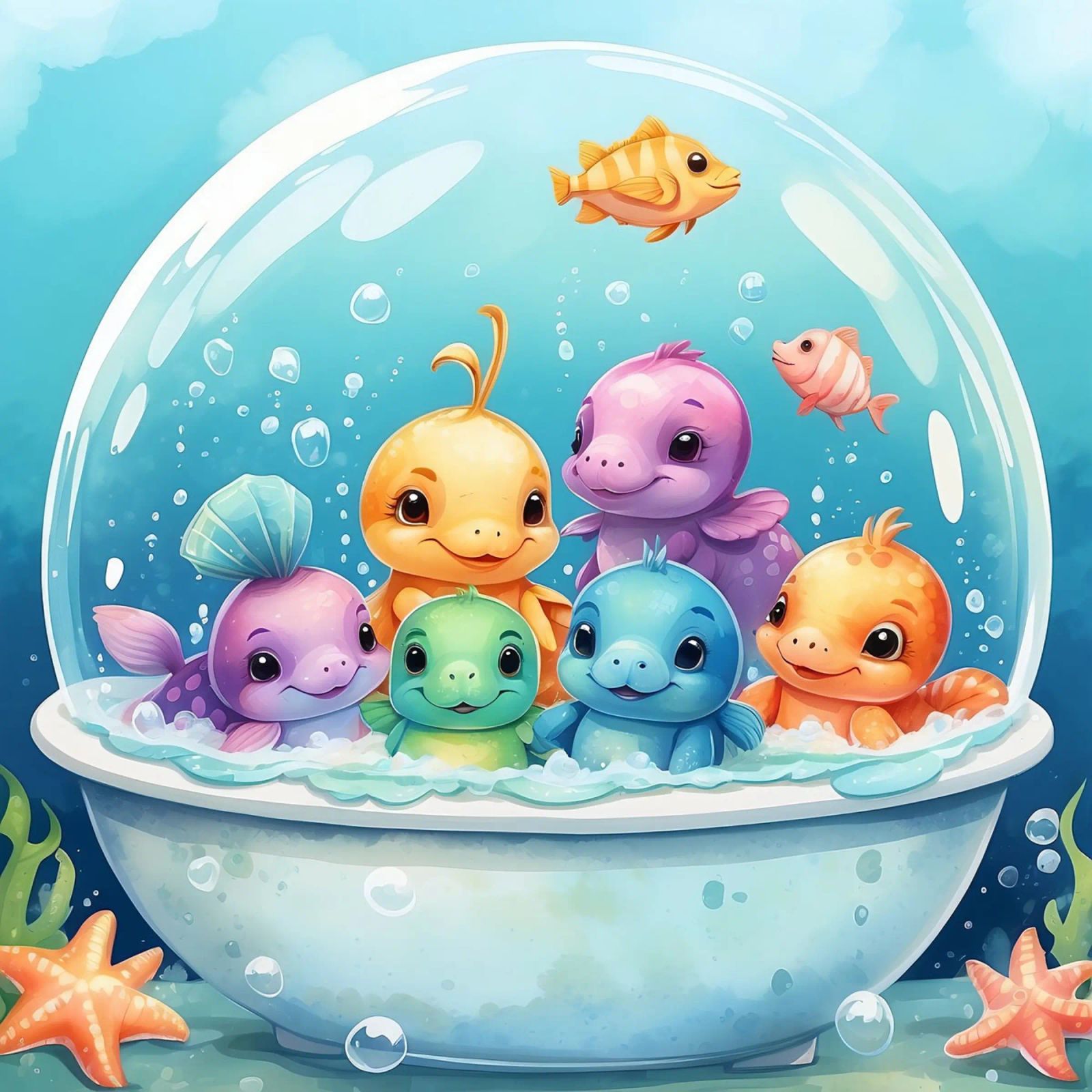 Simpatiche creature acquatiche in un bagno di schiuma con pesci colorati pellicola backlit da DesignDoodle