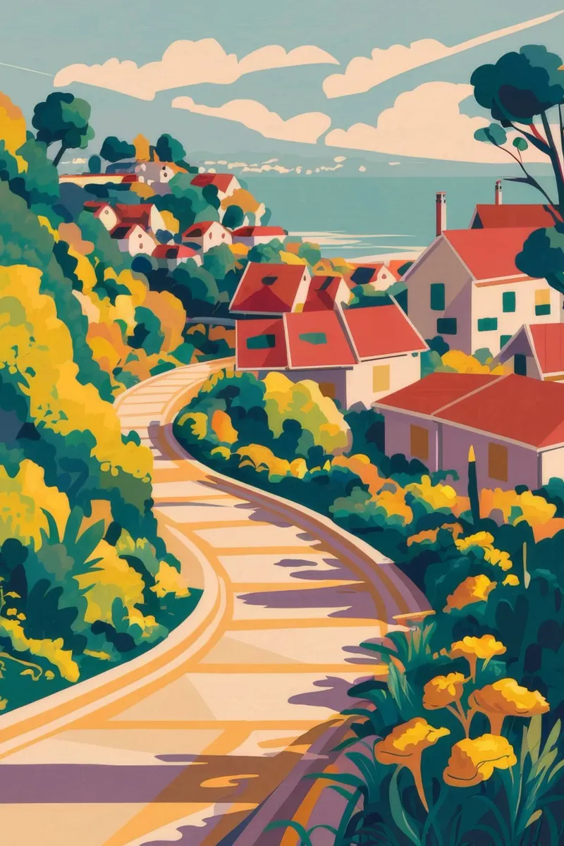 Cliffside Road Vista poster avec cadre en aluminium de Jasper Rune