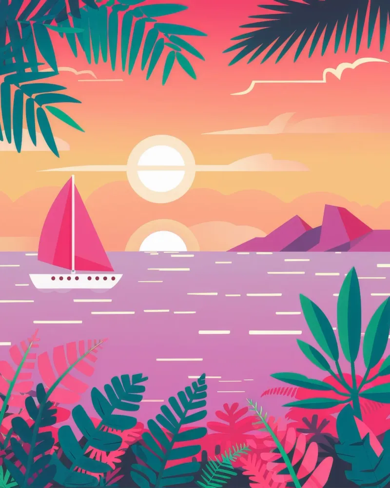 Vela al tramonto Serenity poster con telaio in legno da Haven Mirage
