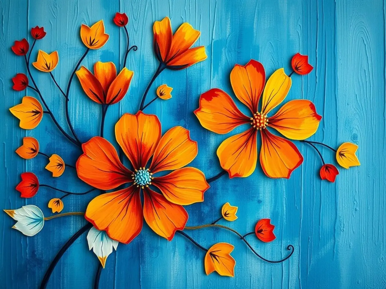 Vibrant Orange & Blue Floral Medley poster with aluminum frame by Artistic-shop