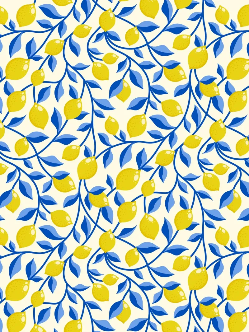 Yellow Lemons and Blue Leaves on Cream canvas by CoelfenArt
