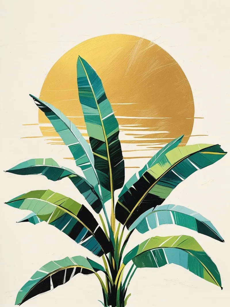 Gouden Zon & Bananenbladeren Tropische Kunstdruk canvas met Baklijst van Artistic-shop