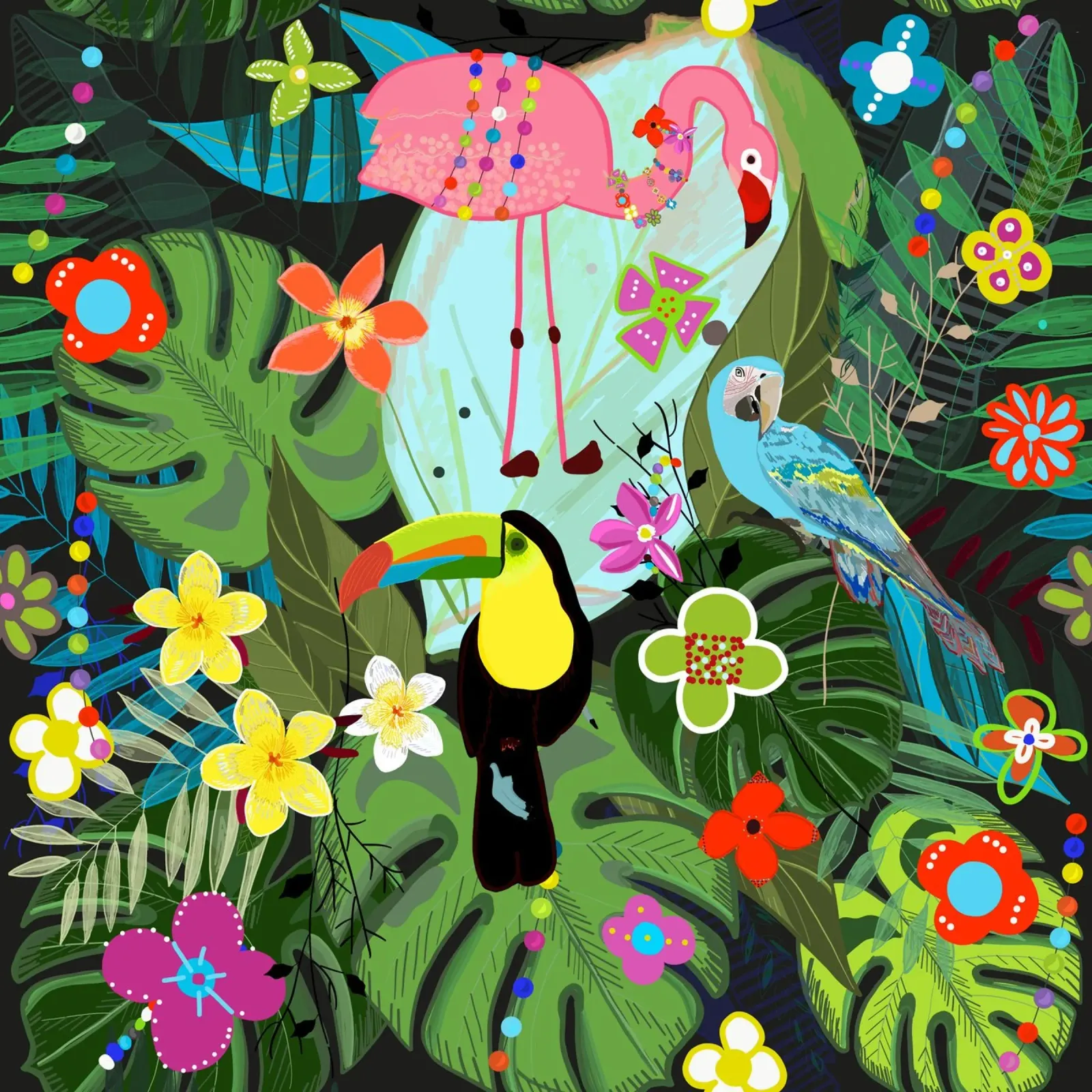 Tropical flowers and birds poster con marco de aluminio de gulsengunel