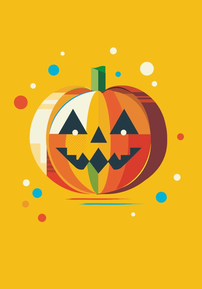 Zucca di Halloween geometrica e colorata con un viso allegro pellicola backlit da namosh
