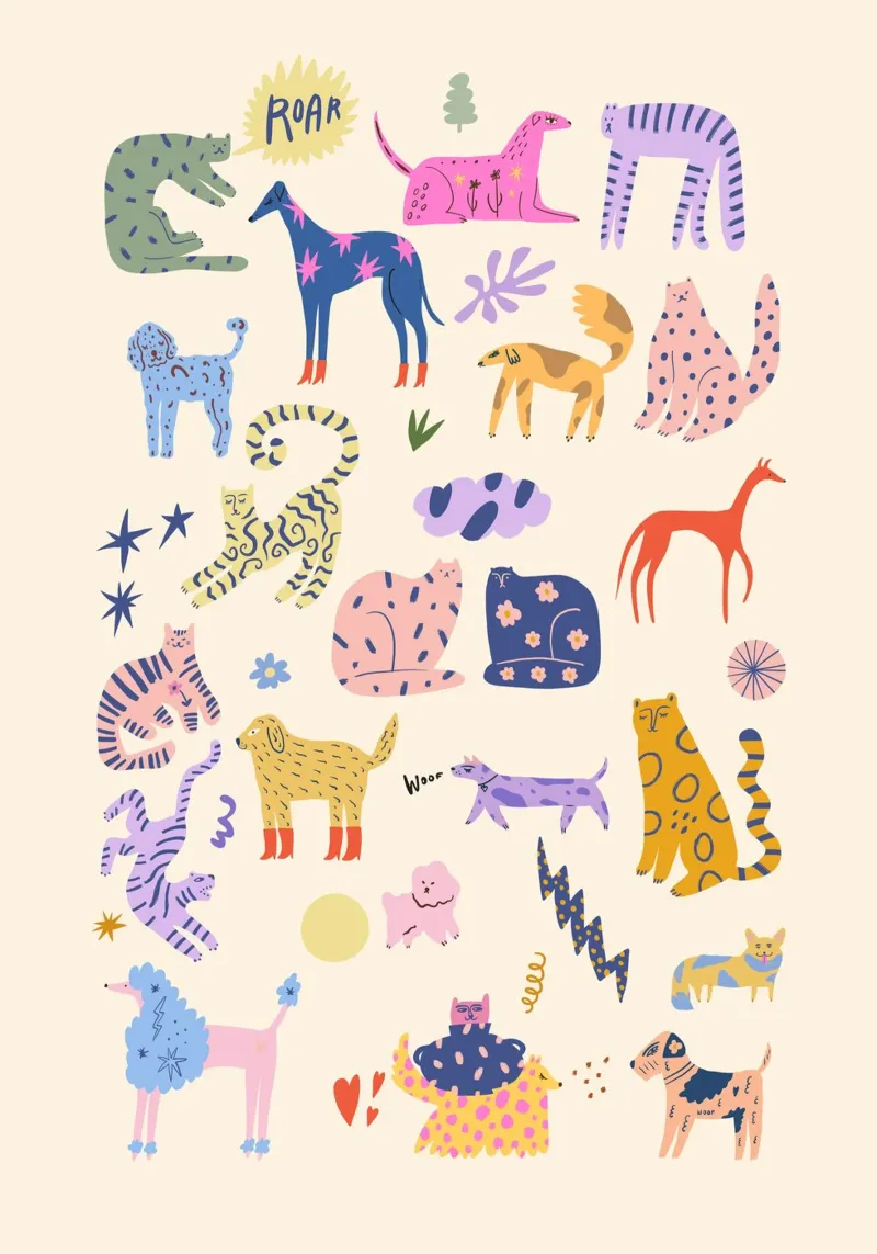 Cats and Dogs poster with plastic frame by Rose Beck Art