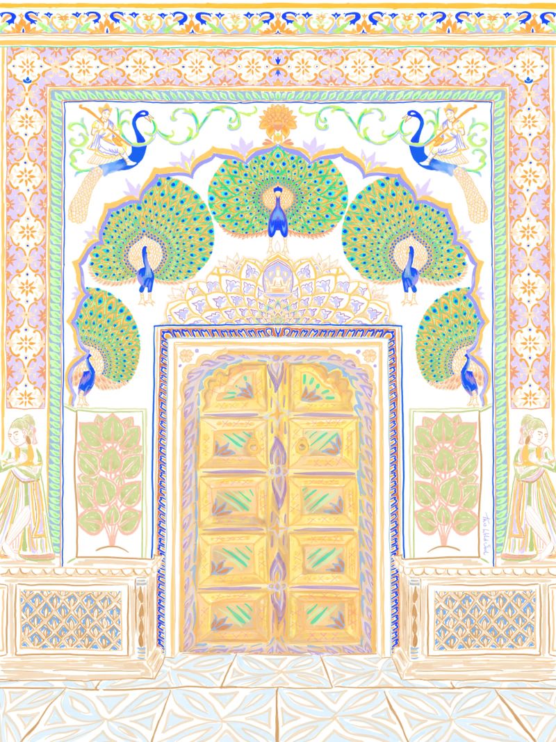 Peacock Gate - Jaipur India, colourful Architecture Doorway poster by This Wild Soul - Illustration