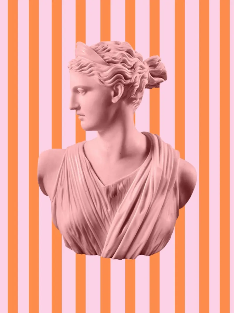 Artemis Goddess on Pink and Orange Stripes poster con telaio in plastica da GraceDigitalArtCo