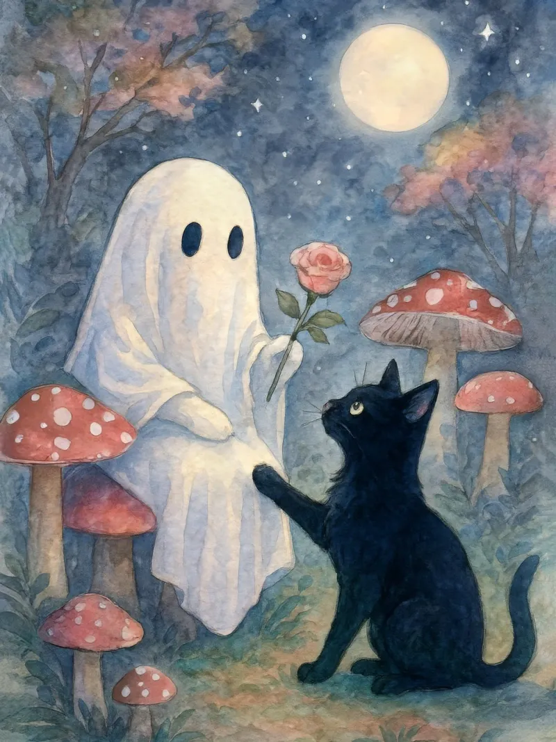 Fantôme et chat noir dans une forêt de champignons Halloween effrayant et mignon poster avec cadre en bois de Gentle Echoes Art