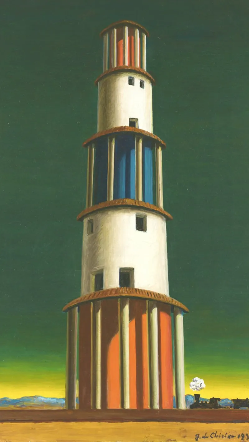 La Torre e il Treno by Giorgio de Chirico poster con telaio in alluminio da Classic Art Prints