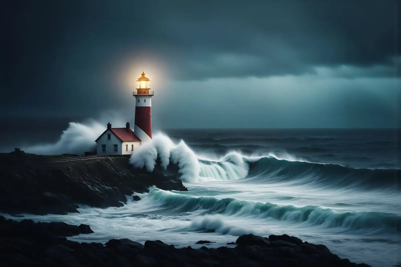 Le onde si infrangono contro il faro pellicola backlit da Wild Beauty