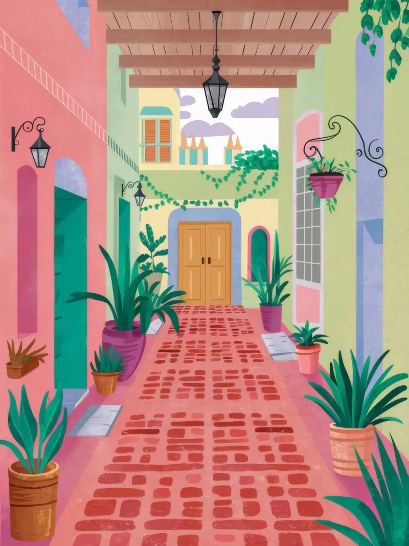 Cortile Sentiero dei pappagalli poster con telaio in plastica da Paez Harmony