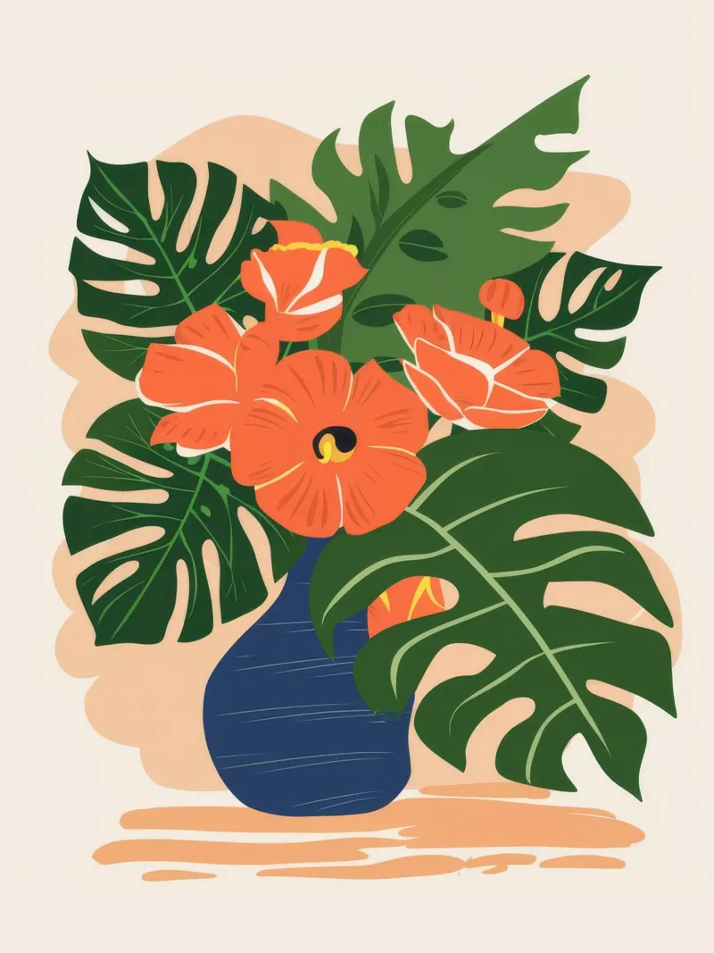 Monstera Hibiscus Natura morta poster con telaio in plastica da Stone Patina