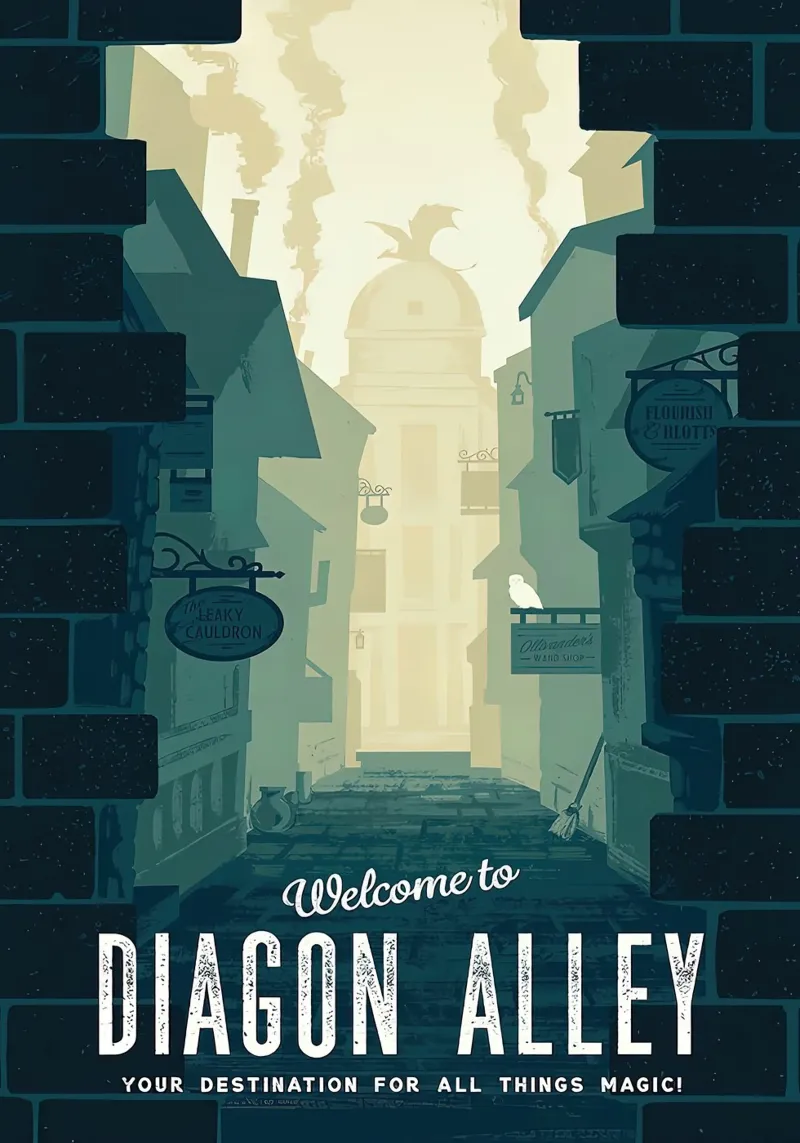 Benvenuti a Diagon Alley poster con telaio in alluminio da Alice Slatera