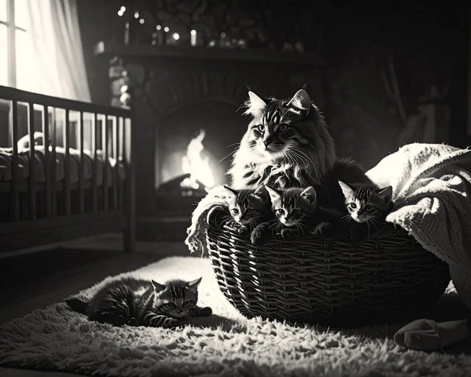 Chatte et quatre chatons. Noir et blanc. pellicola backlit da Thierry vobmann photography