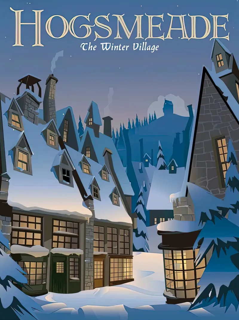 HogsmeadeIl villaggio invernale poster con telaio in alluminio da Alice Slatera