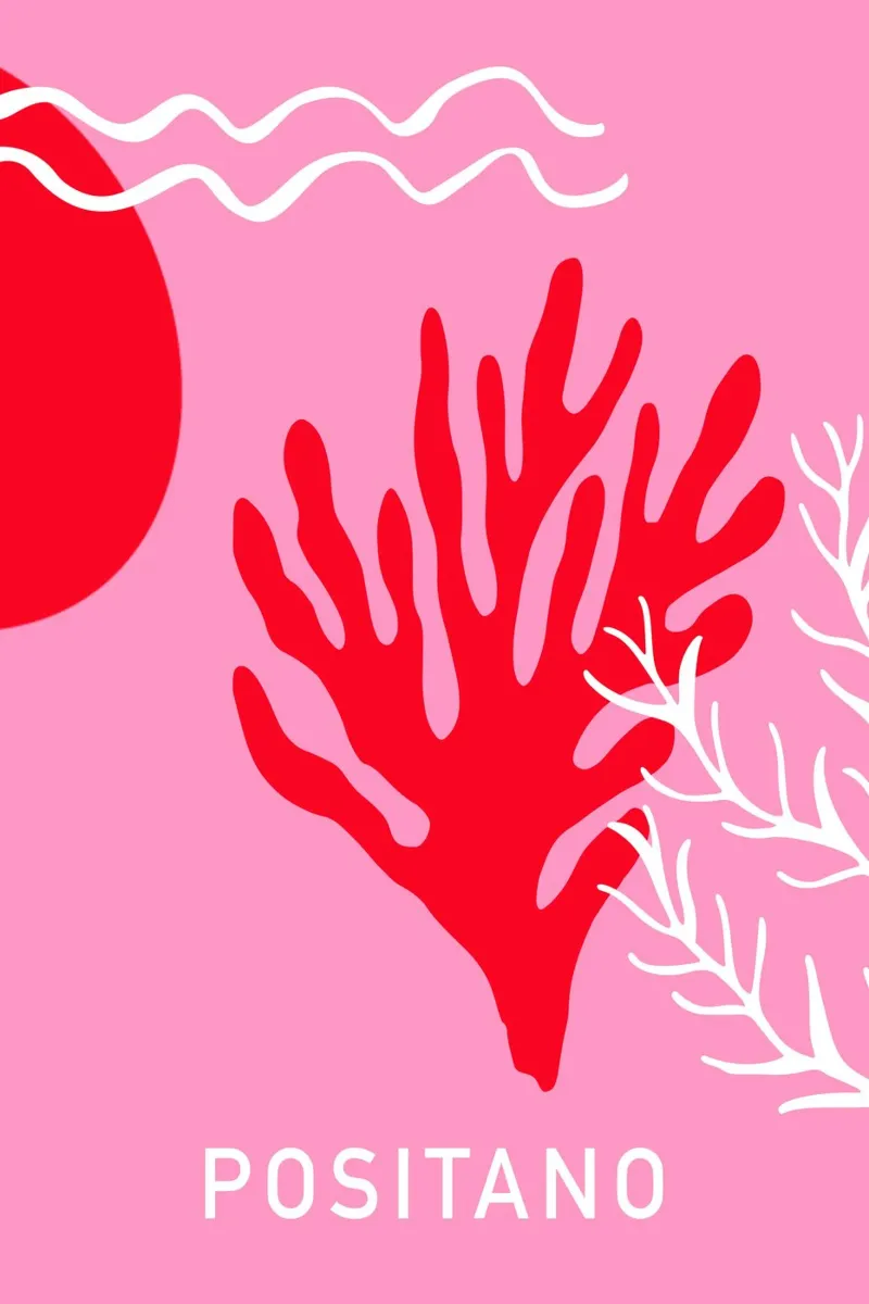 Positano Pink White and Red Art poster con telaio in legno da GraceDigitalArtCo