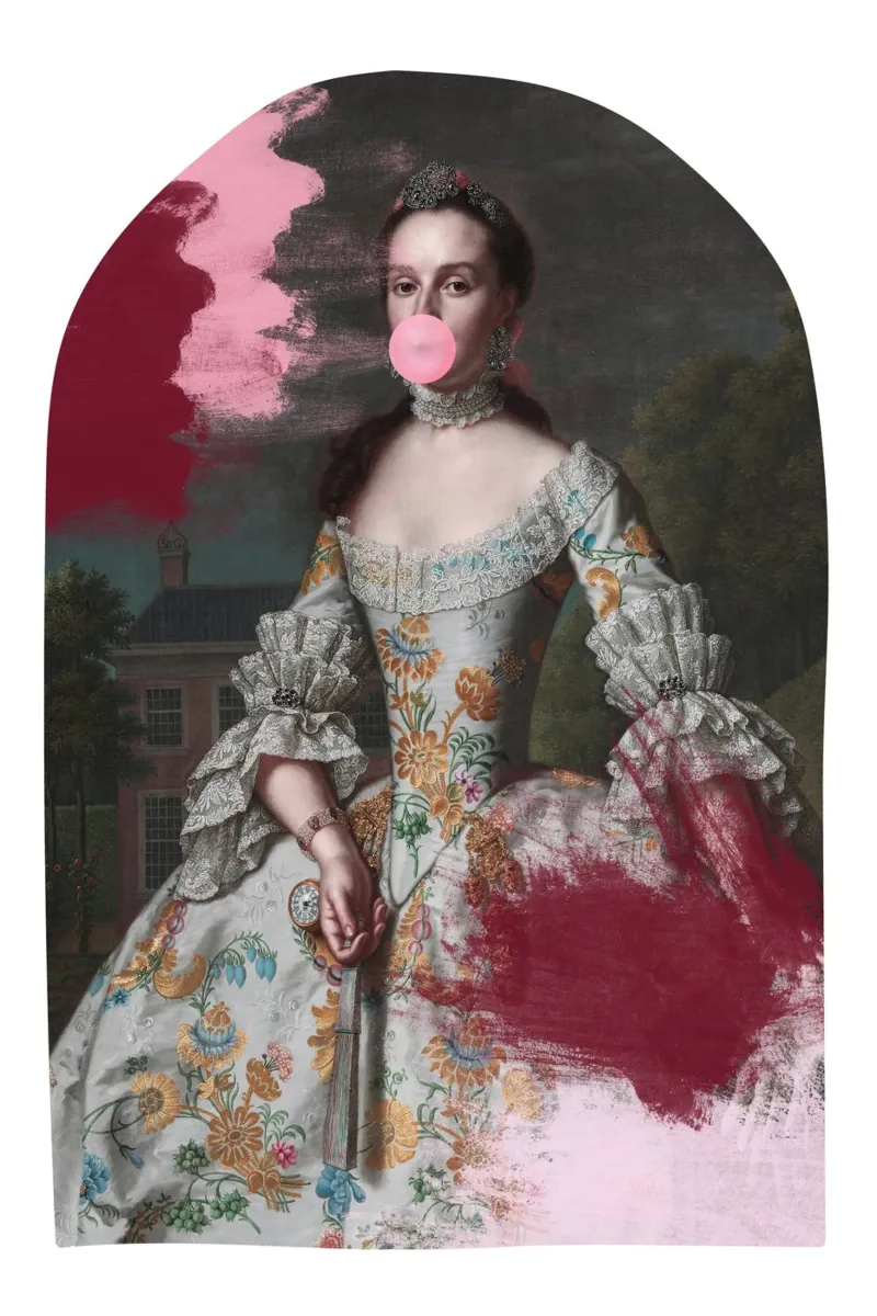 Altered Portrait of a Woman with paint and bubble-gum alluminio dibond da GraceDigitalArtCo