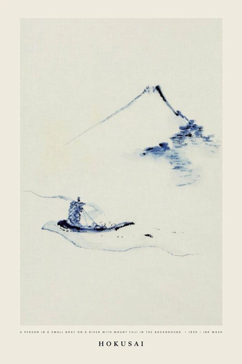 Hokusai - A Person in a Small Boat on a River with Mount Fuji in the Background pellicola backlit da Vintage by JUNIQE