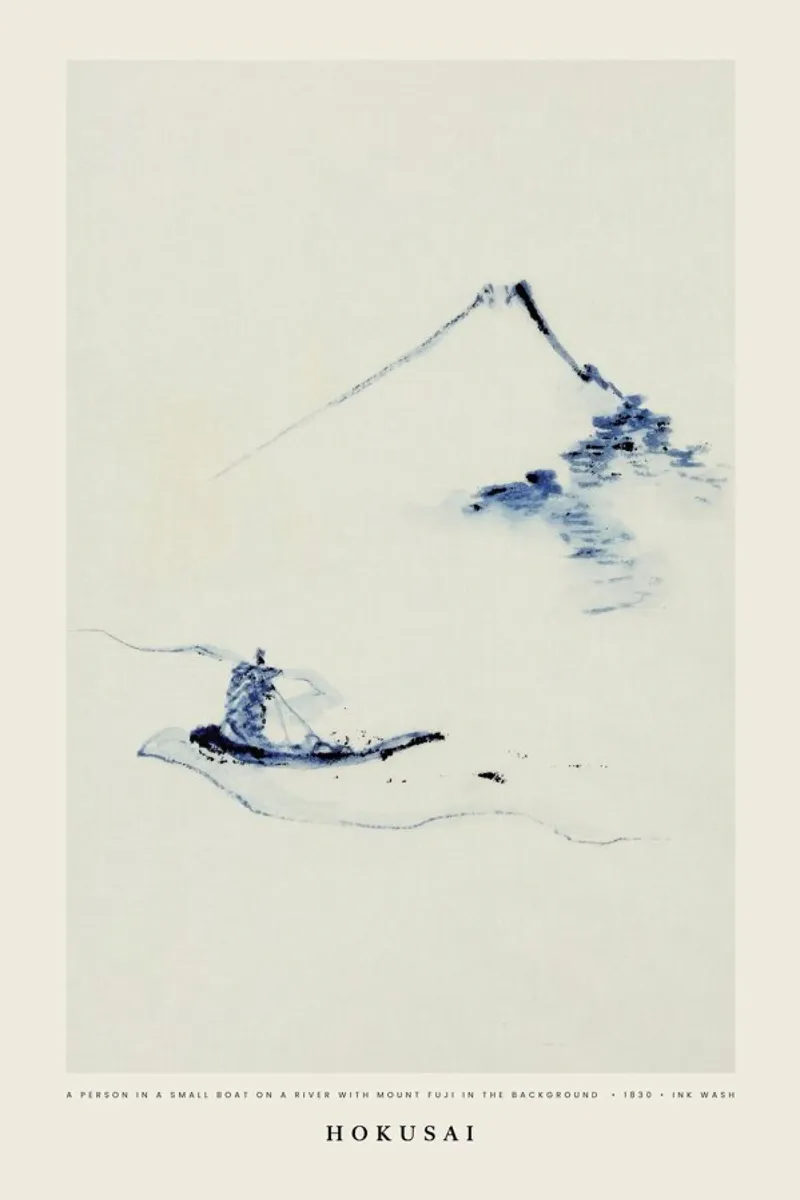 Hokusai - A Person in a Small Boat on a River with Mount Fuji in the Background alluminio dibond da Vintage by JUNIQE