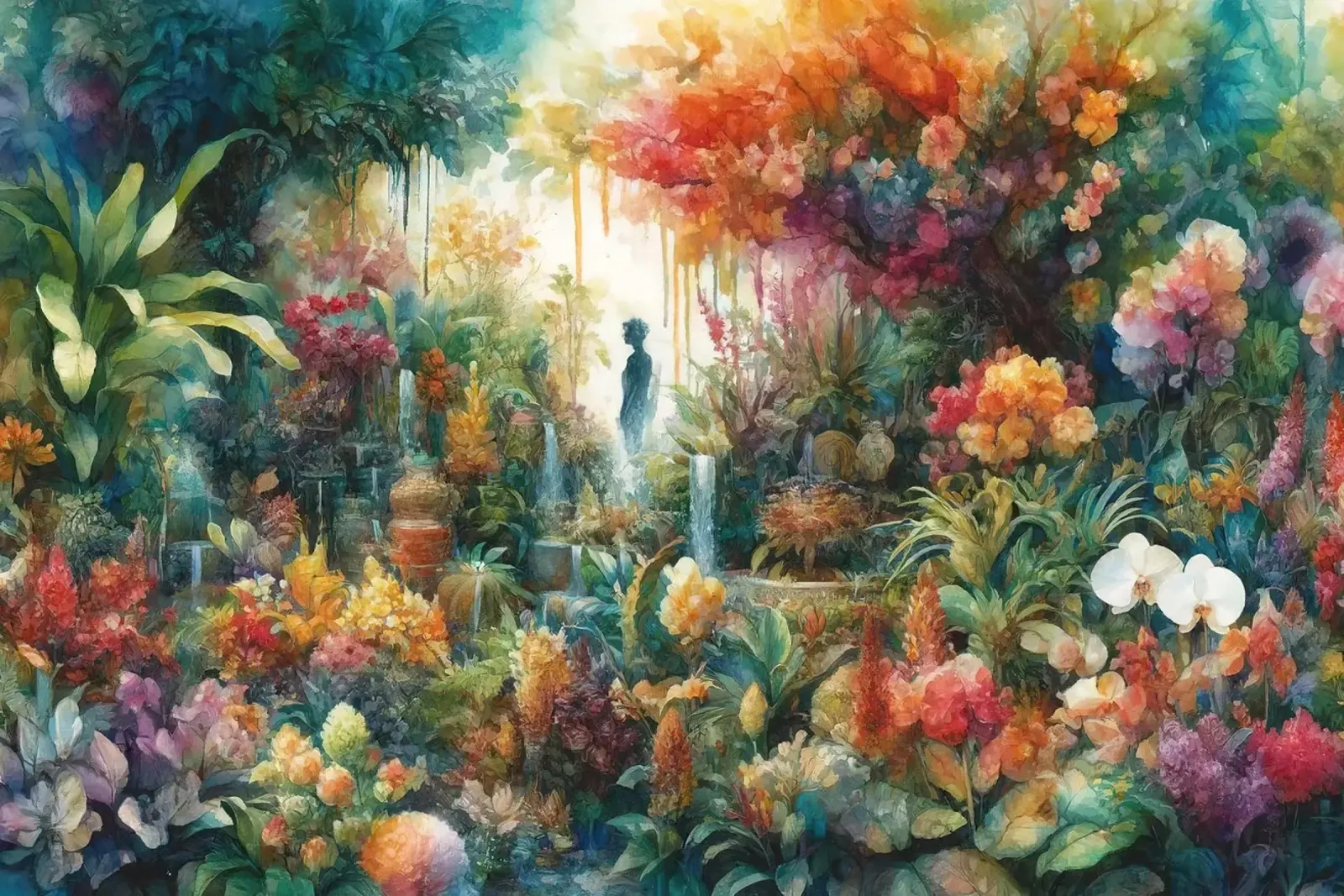 Il lussureggiante giardino dell'Eden all'alba poster con telaio in alluminio da Chromatic Fusion Studio