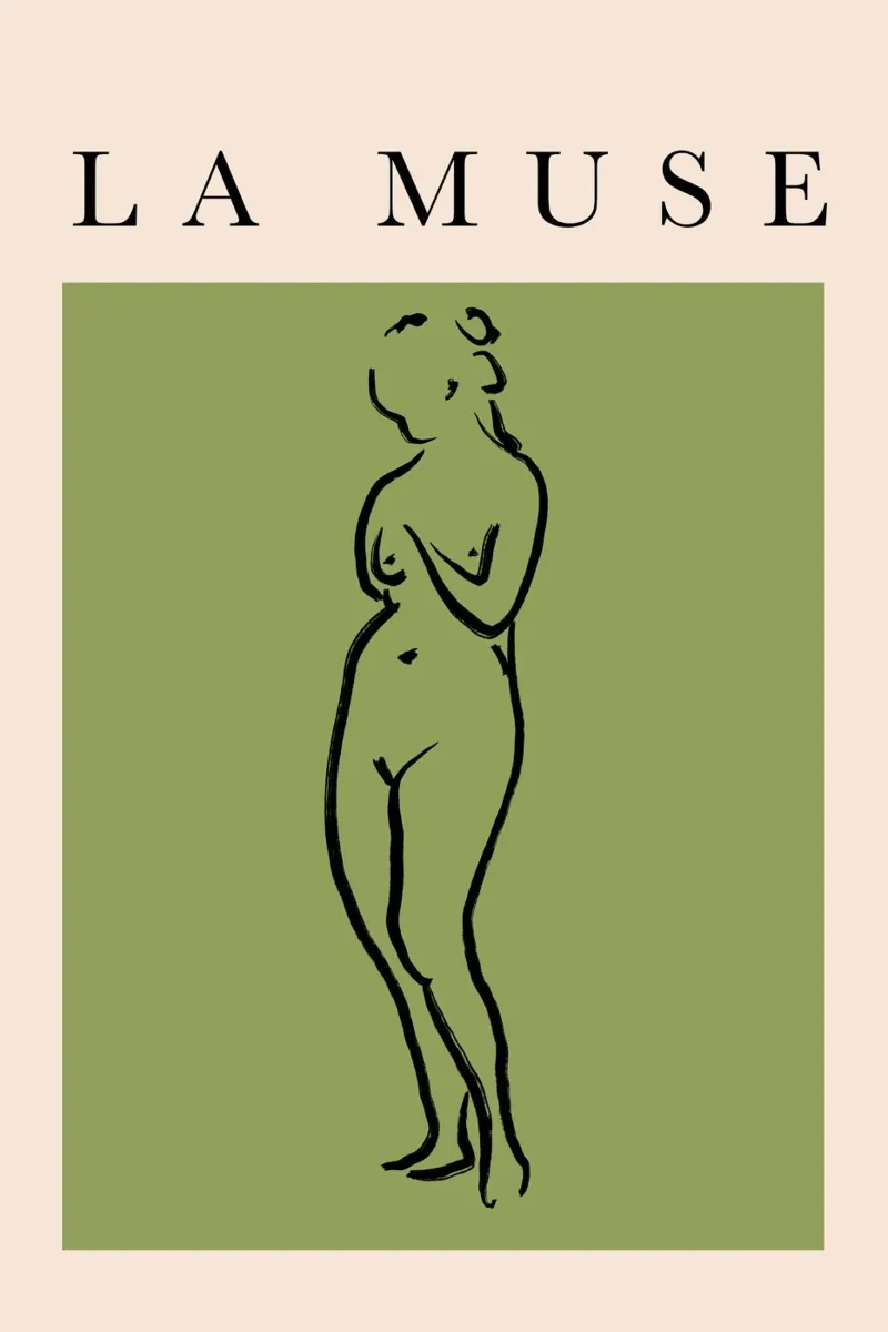 The Muse Female Form Line Art - Green and Beige poster con telaio in alluminio da GraceDigitalArtCo