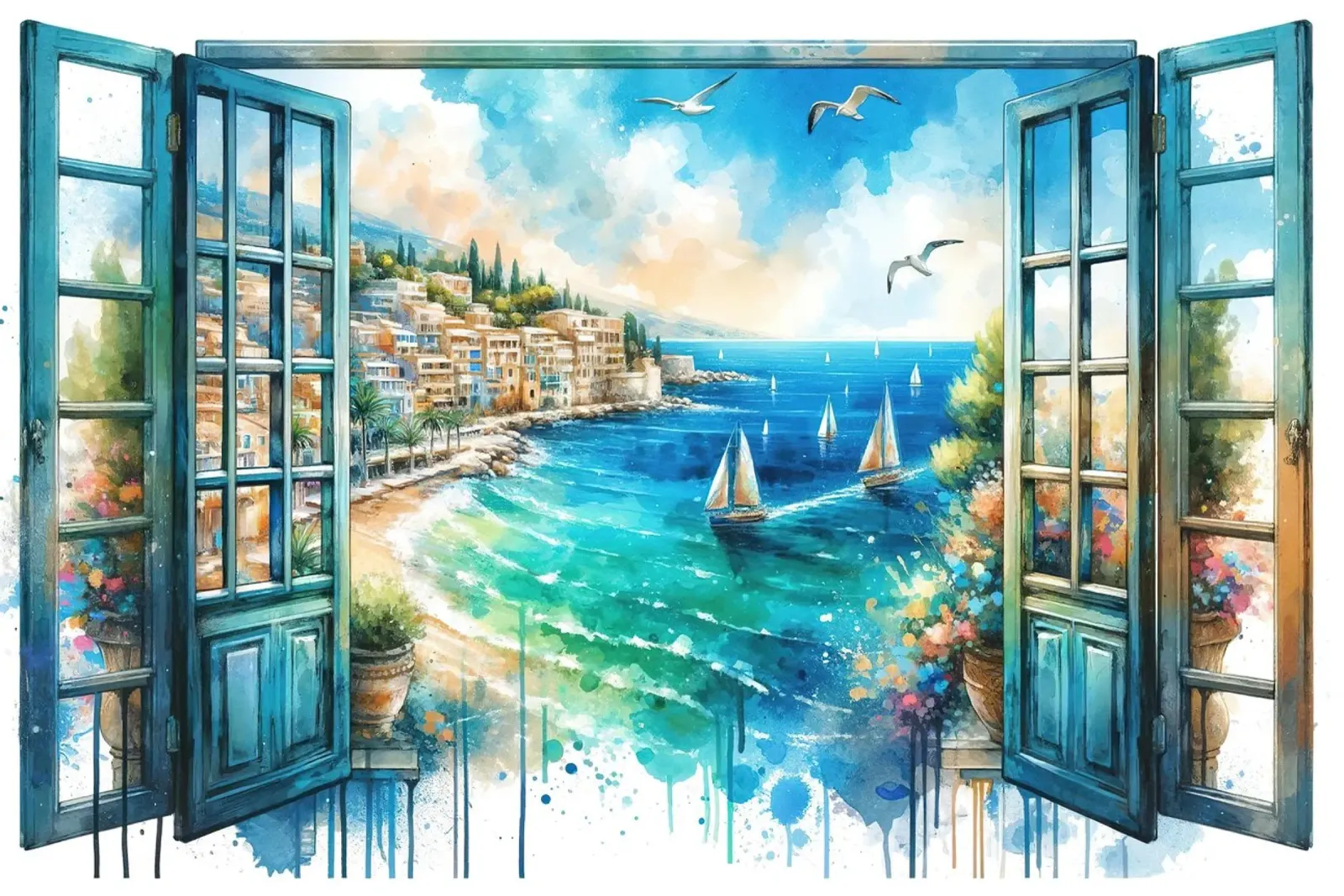 Mittelmeerküste durch offenes Fenster Poster mit Kunststoffrahmen von Chromatic Fusion Studio