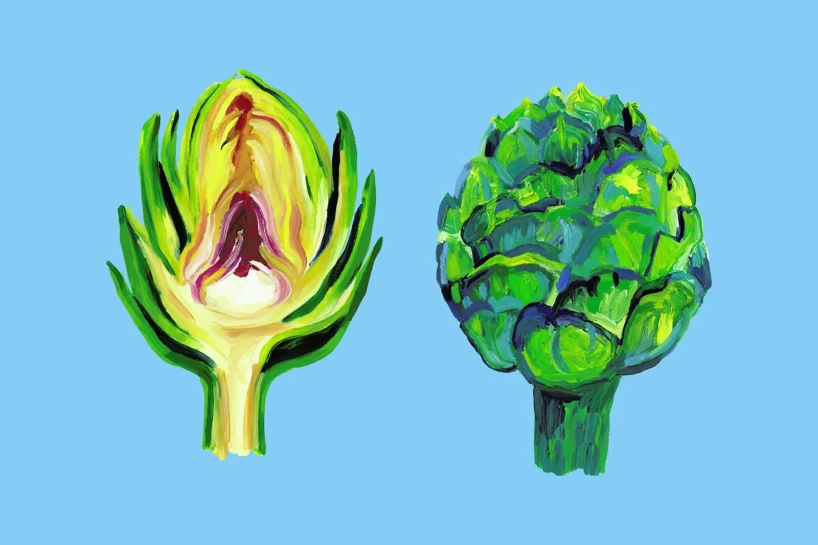 Artichokes On Light Blue acrylic glass by Alice Straker