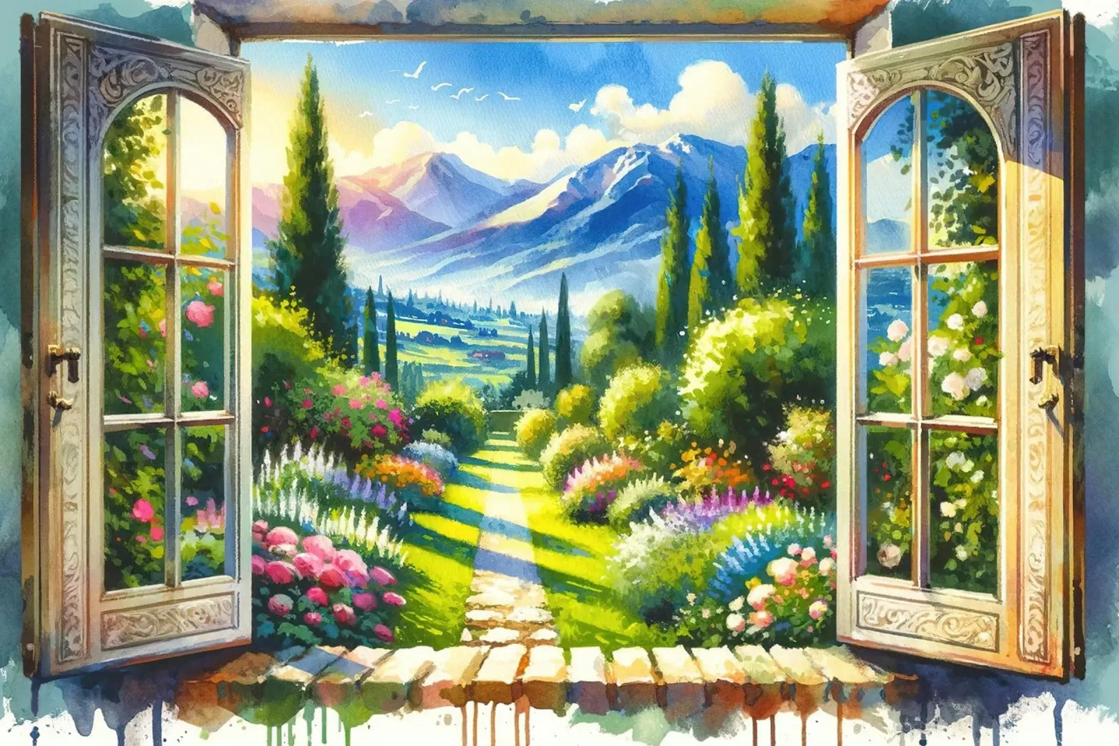 Mountain View through Open Window poster with plastic frame by Chromatic Fusion Studio