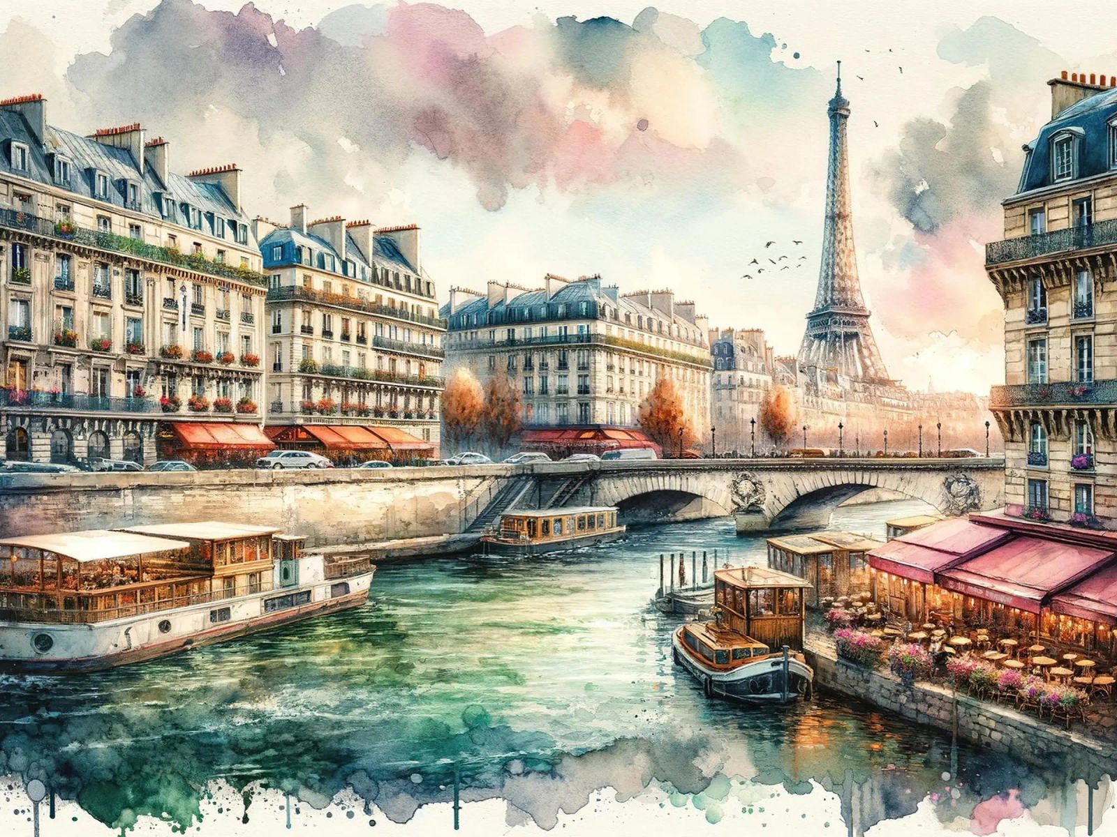 Pariser Flussszene mit Eiffelturm Poster von Chromatic Fusion Studio