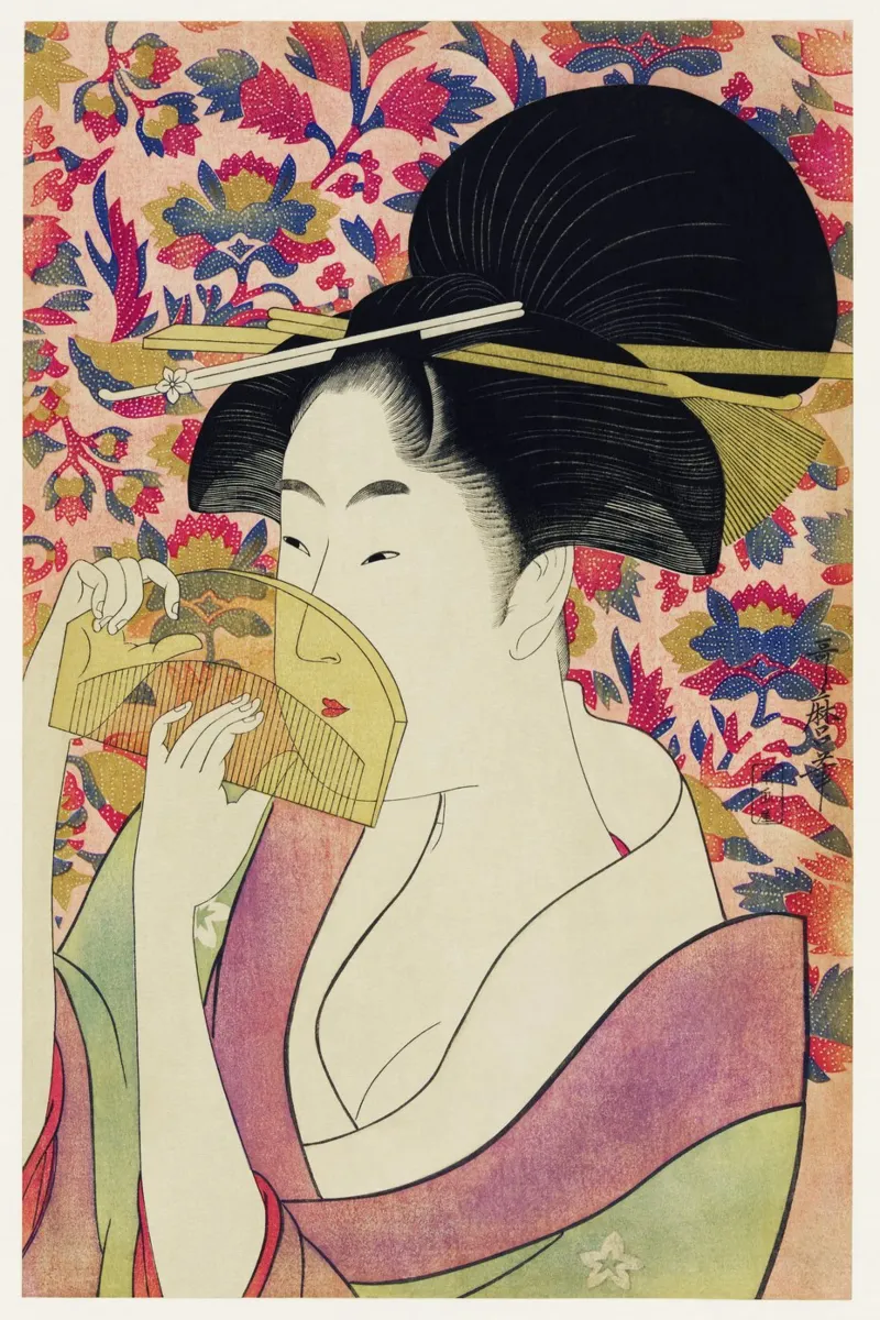 Kushi di Utamaro Kitagawa poster con telaio in legno da Venus Art