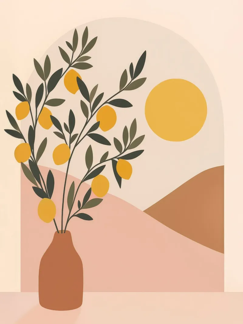 Albero di limone boho in vaso greco Arte mediterranea con sole pellicola backlit da Gentle Echoes Art