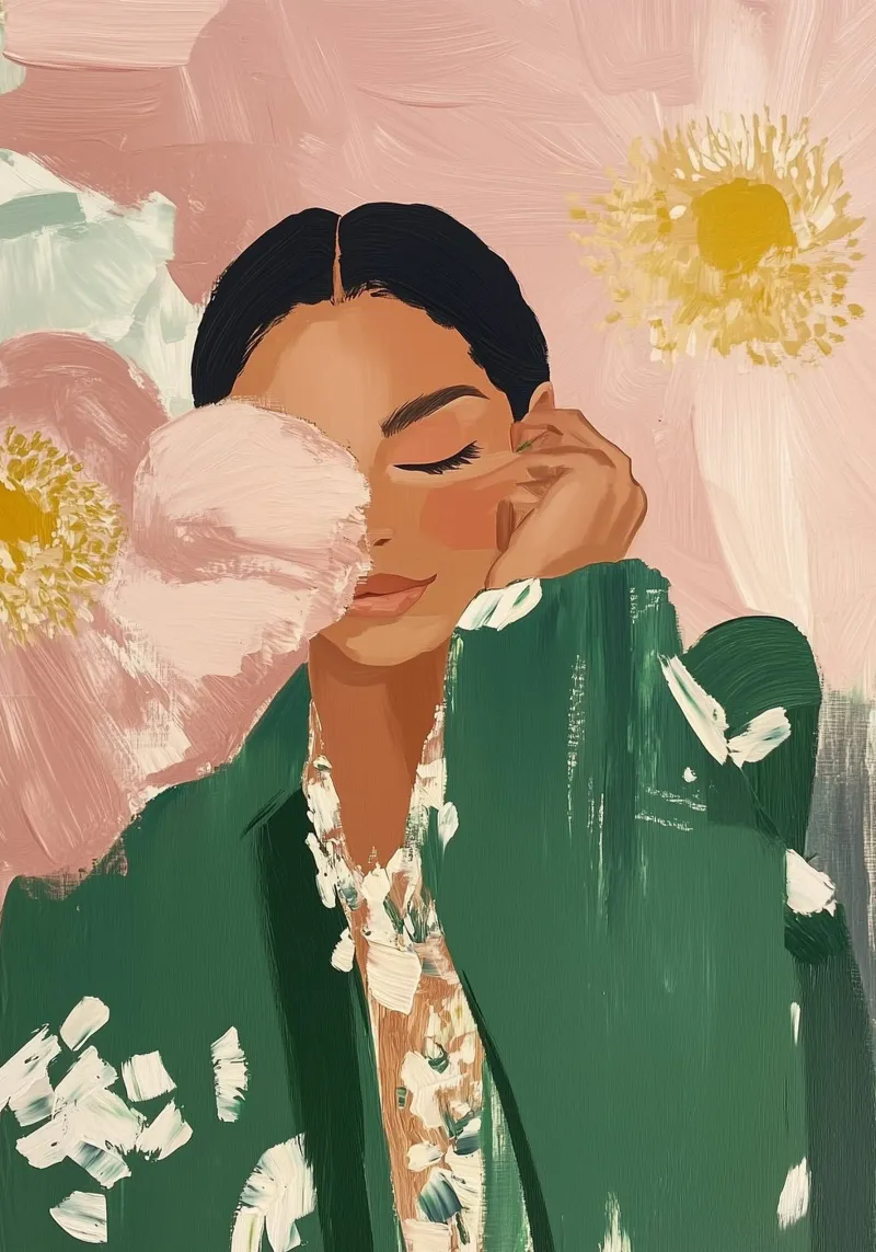 Abstracte vrouw met bloemen, smaragdgroene kunst canvas van ArtHaus