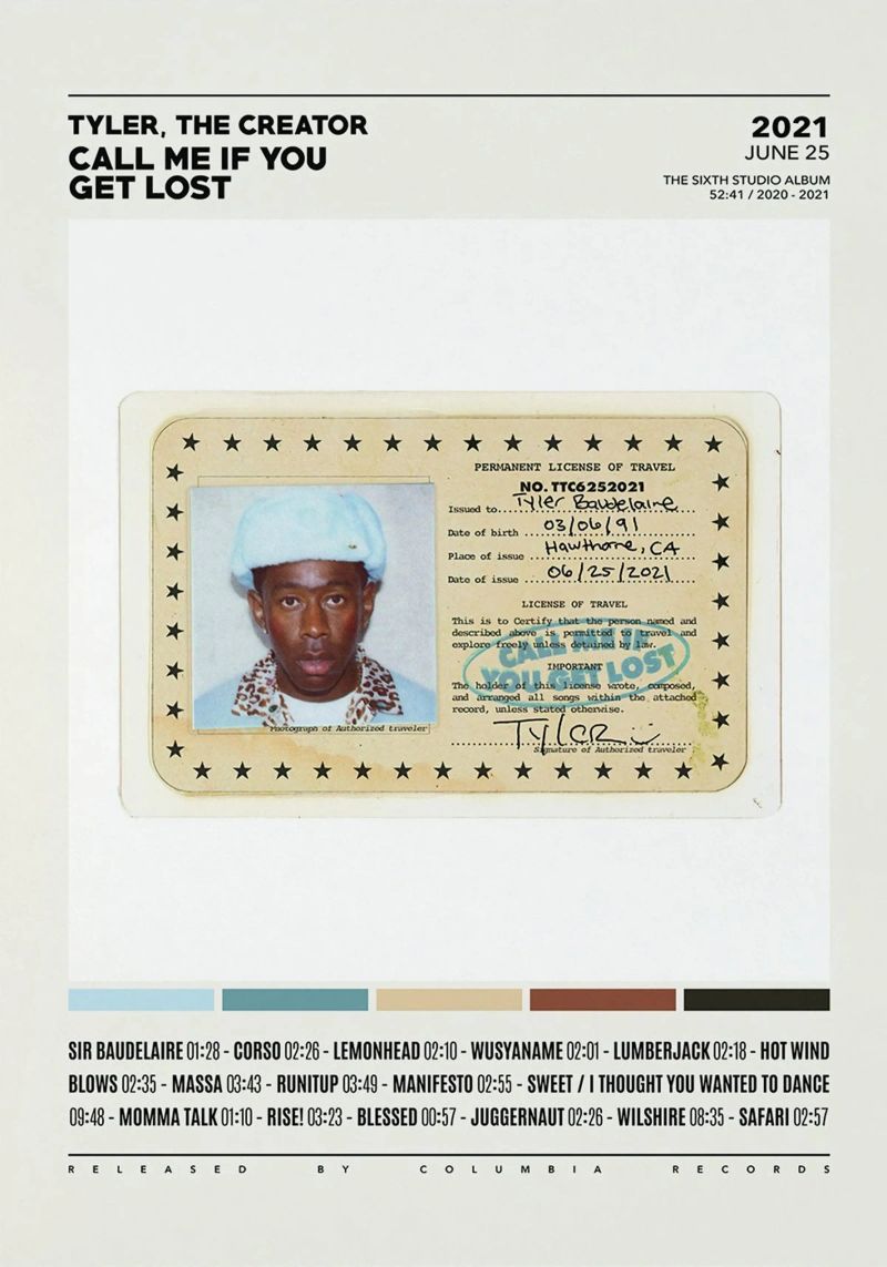 Minimalist Album Tyler The Creator - Call Me If You Get Lost poster con telaio in alluminio da edanfargol