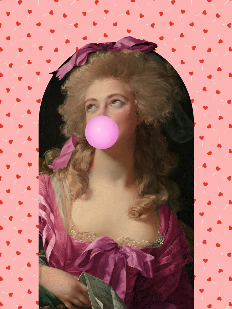 Bubble Gum Lady with Love Heart Lollipops poster con telaio in legno da GraceDigitalArtCo