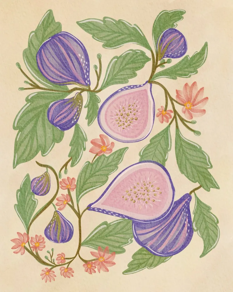 Illustrazione botanica di fichi e fiori poster con telaio in legno da Nikita Jariwala
