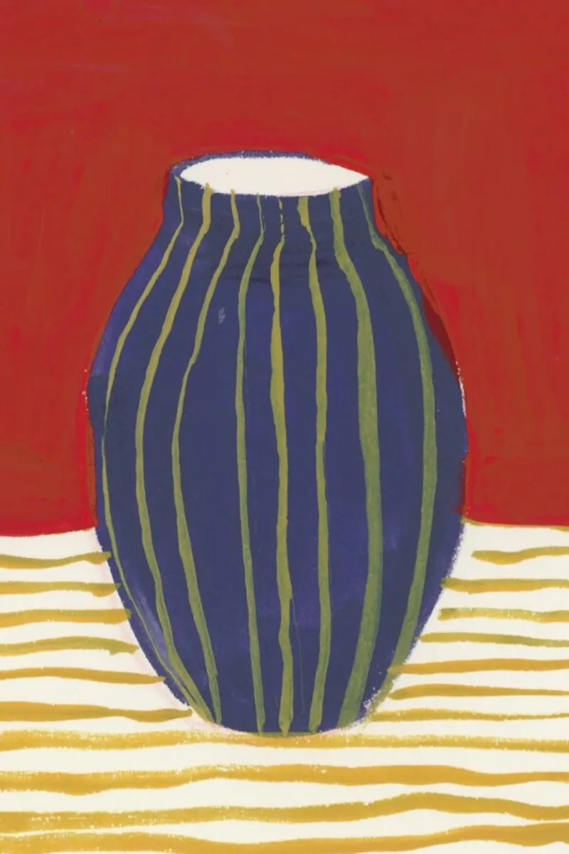 Yellow Striped Blue Vase Poster von Sonia Brittain