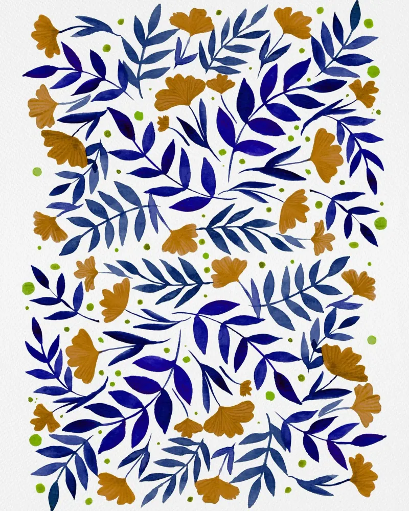 Foglie blu e fiori arancioni tela con Cornice a cassetta da Angela Minca